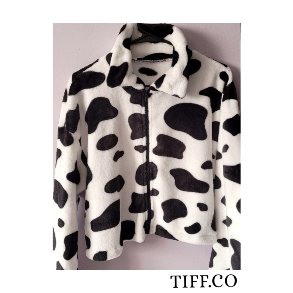 Cropped Collared Zip-Up Cow Pattern Sweater